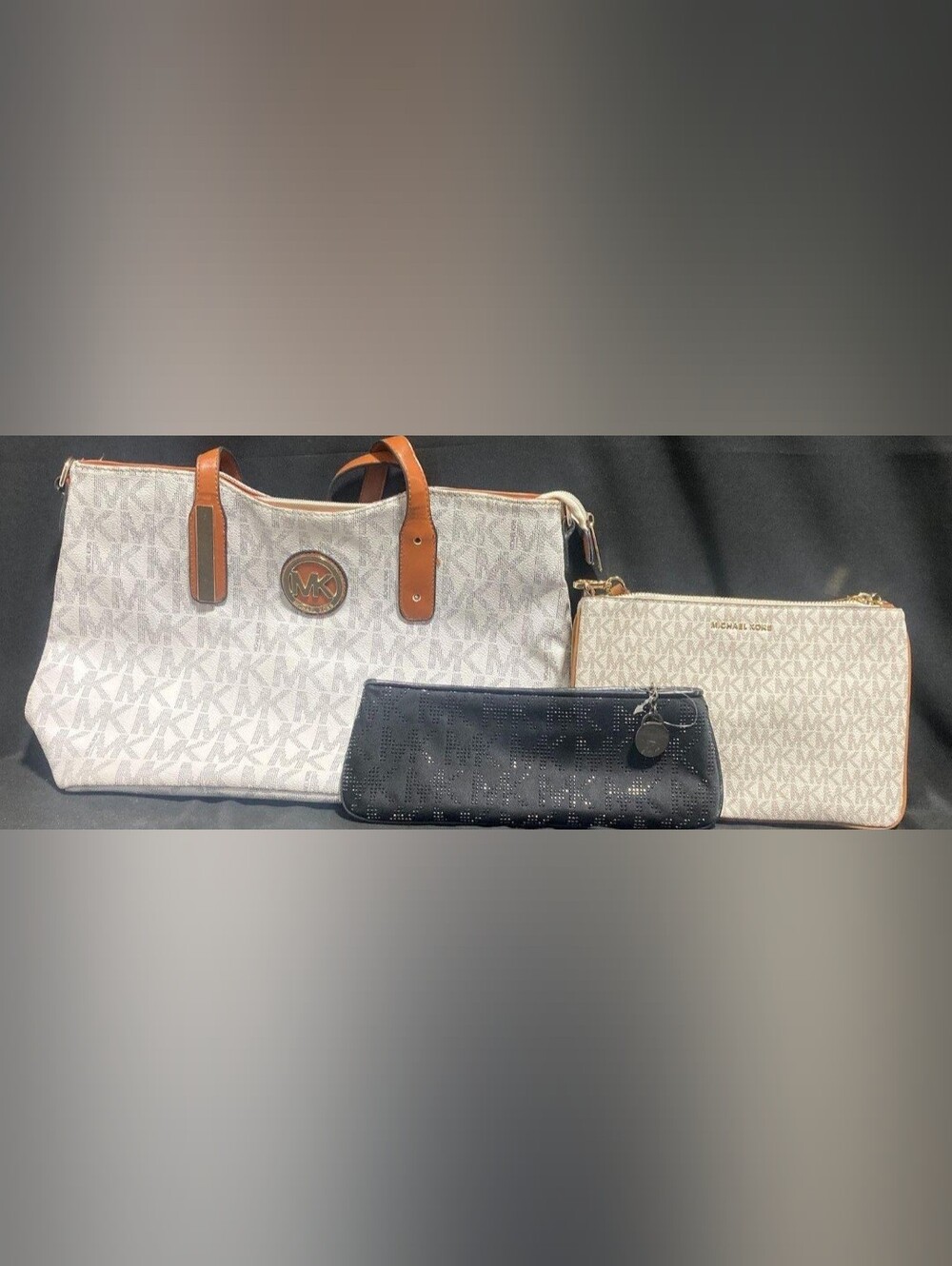 Michael Kors Cream Signature Tote with Matching Pouch and Black Cosmetic Case